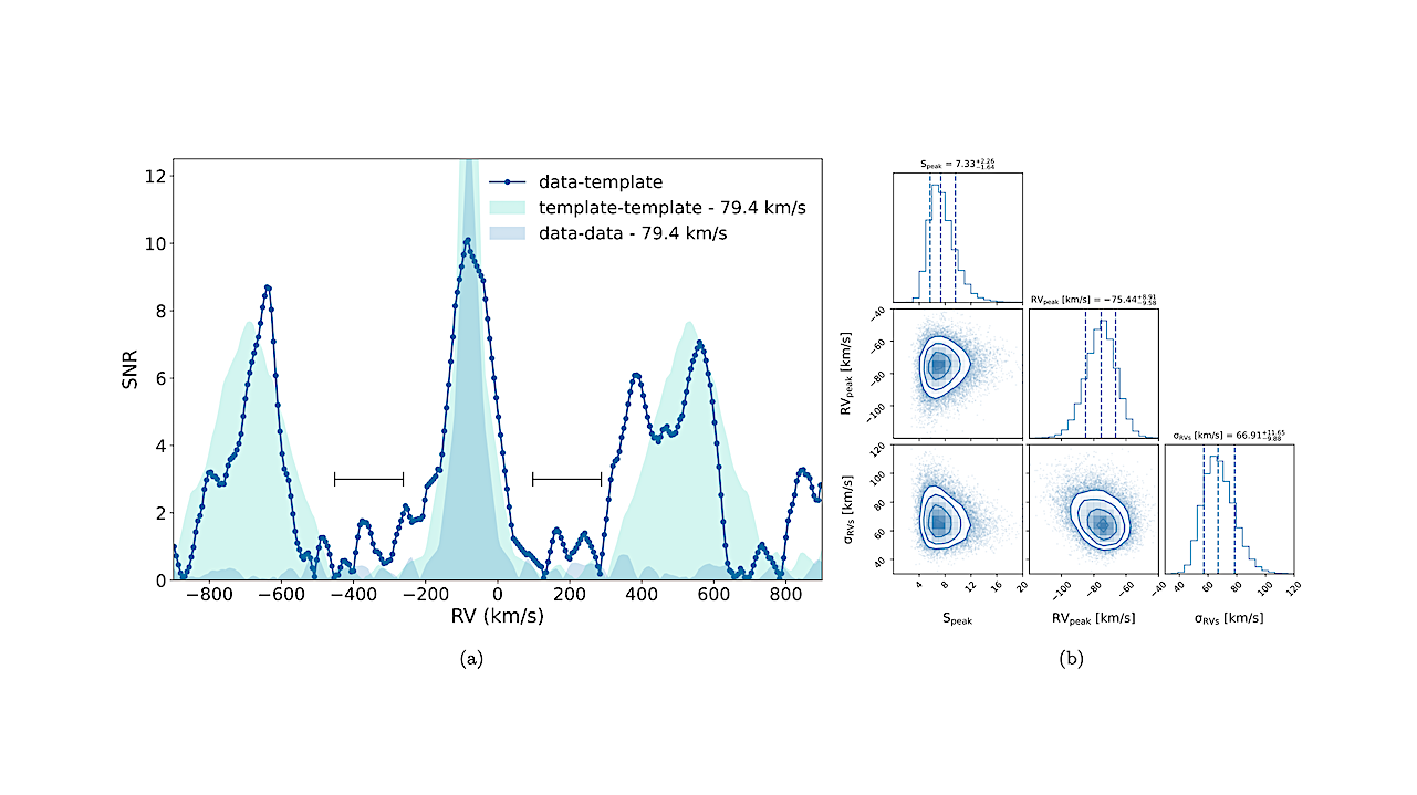 (a) Cross-correlation function (CCF) of the WASP39b transmission spectrum with the 12C 16O (98.7%) + 13C 16O (1.3%) template. We compare the CCFs resulting from the self cross-correlation of the template (light blue area) and the spectrum (dark blue area), which were scaled arbitrarily. (b) Distribution of the best-fit Gaussian parameters (significance of the central peak, Speak, the central peak velocity, RVpeak, and the FWHM of the distribution of velocities, σRVs) retrieved from the sampled transmission spectra that were randomly generated following a Gaussian distribution centered in the observed transmission spectrum and considering the errors as the Gaussian standard deviation in each point. We performed 30000 iterations. -- astro-ph.EP