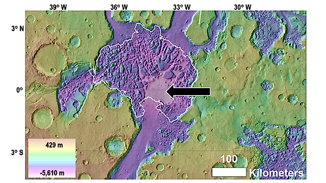 view of Hydraotes Chaos (white outline), including the location of the proposed mud lake (black arrow) -- PSI