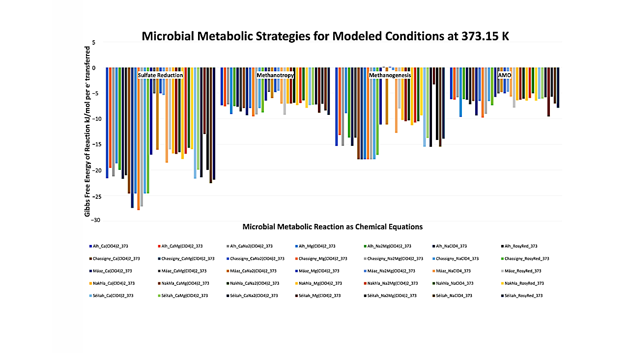 Bioenergetic results from the modeled simulations showing the feasibility of sulfate reduction, methanotrophy, methanogenesis, and anaerobic methane oxidation (AMO), based on Gibbs Energy quantification. All reactions at equilibrium are exergonic at all modeled conditions. Computed Gibbs Free Energy of Reaction is displayed as kJ/mol per e− transferred in the given reaction. -- Life