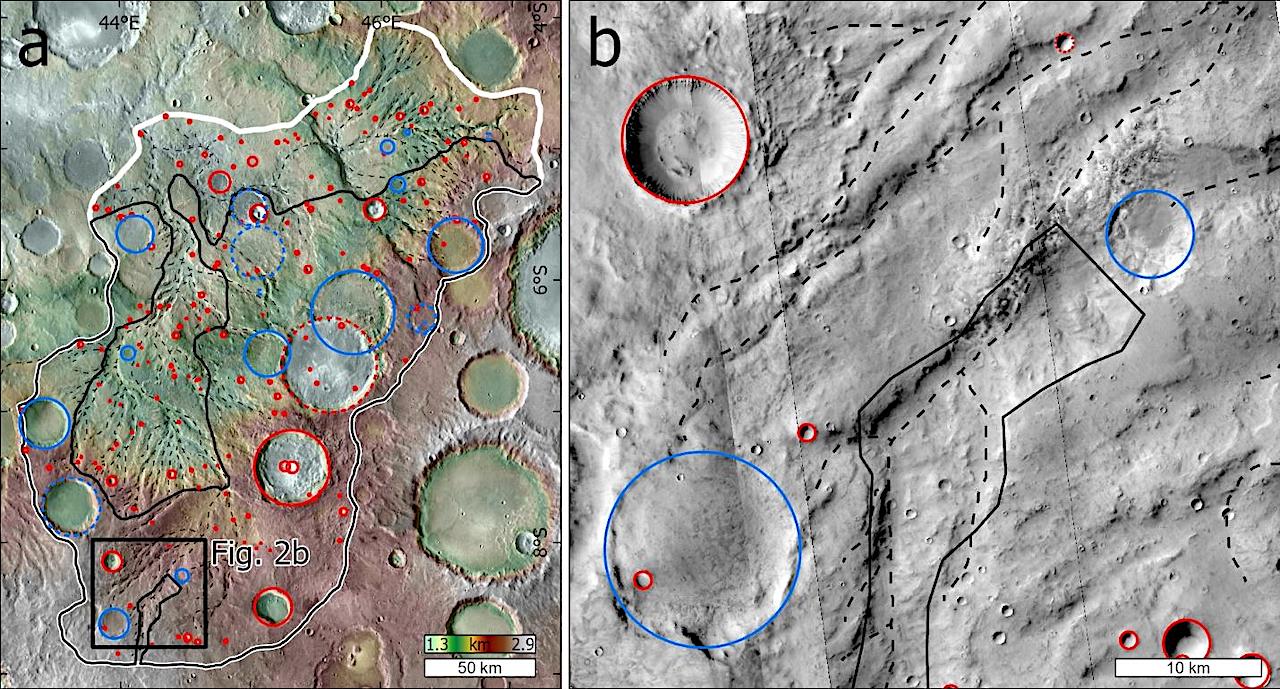 Detail of an unnamed valley network on Mars. Impact craters are marked with blue and red circles. Craters marked in red postdate the valley network while those marked in blue predate the valley network. Dashed circles have a lower degree of superposition certainty with the valley network. Dashed black line is the mapped valley network. (a) overview of the valley system. The entire basin is outlined in white; the highland areas that have undergone less erosion are outlined in black. (b) detail of the area marked in (a). Credit: MOLA MEGDR, NASA/USGS; THEMIS mosaic, ASU/NASA/USGS; CTX, NASA/MSSS.