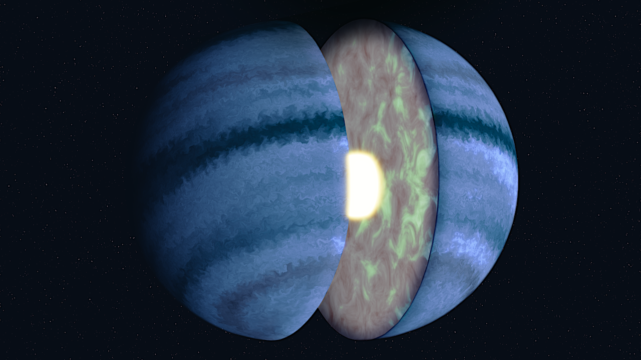 An artist’s concept of WASP-107 b shows turbulent atmospheric mixing within the planet’s gas envelope. CREDIT Roberto Molar Candanosa/Johns Hopkins University