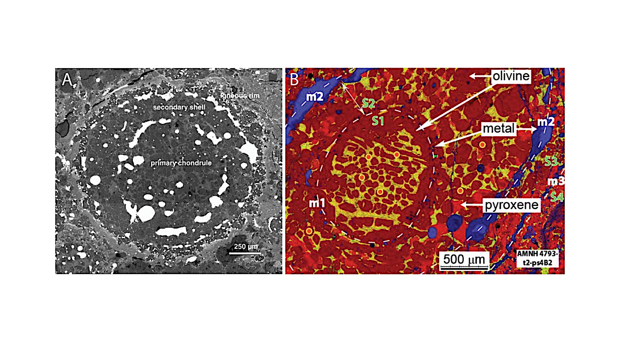 Chondrules exhibiting complex structures with multiple zoning and rims, which is indicative of multiple melting events. A) Chondrule from the LAP 02342 CR2 chondrite with a primary and secondary shell and a surrounding igneous rim, all separated by metal rims (from Rubin, 2010). B) Complex chondrule from CR2 chondrite Acfer 139 with four shells (s) and metal (m) rims (from Hobbart et al., 2015), with Si = red, Ca = green, 12 Fe = blue. Olivine in pyroxene-bearing layer S2 grew epitaxialy on olivine in pyroxene-free layer S1, the two separated by a thin layer M1 of numerous metal grains. -- astro-ph.EP
