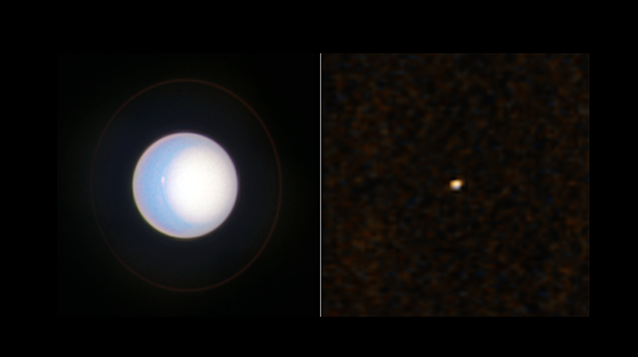 The left panel is Hubble's actual view of Uranus – the planet is a light blue sphere, with a white circle covering the right half of the planet (the southern pole). The right panel is the actual view of Uranus from New Horizons. The planet appears as a tiny whiteish dot. -- STSCI/NASA/SwRI (larger image)