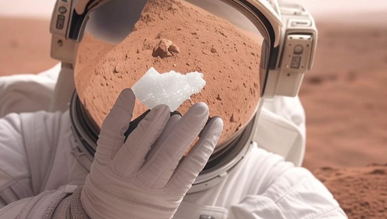 An astronaut examines apiece of Martian ice -- Grok via Astrobiology.com