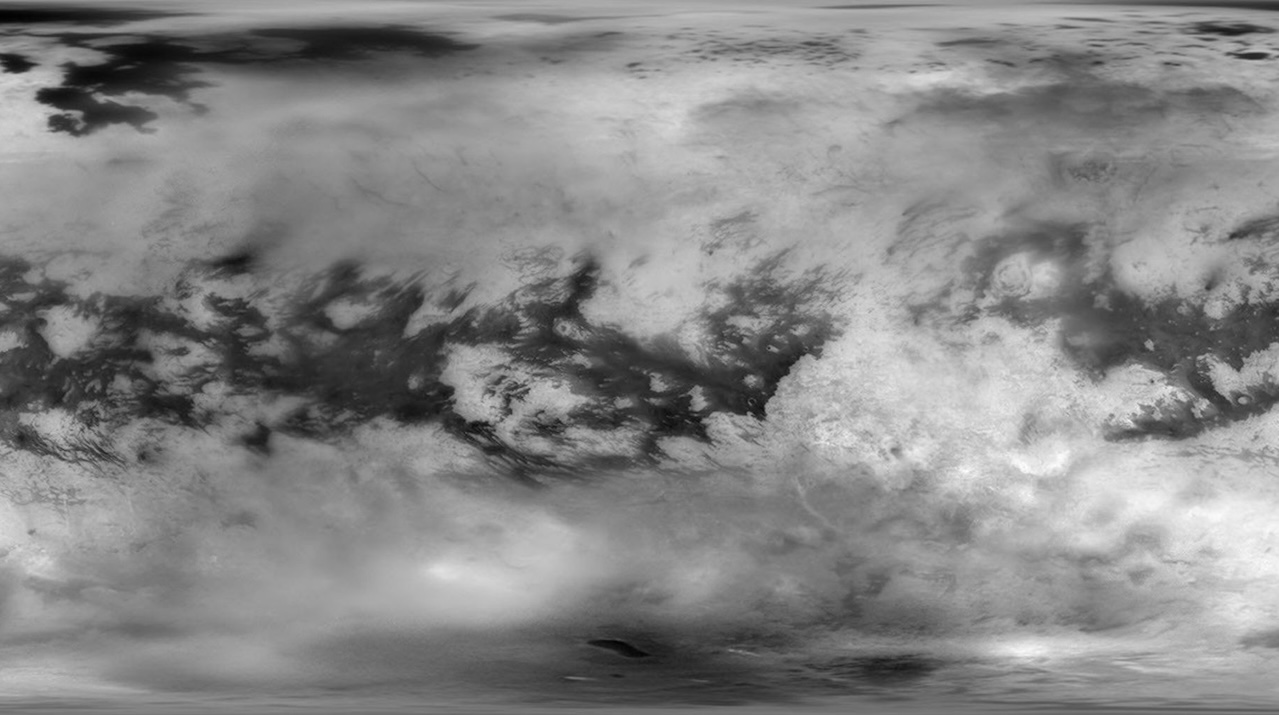 This Cassini Imaging Science Subsystem (ISS) global mosaic of Titan's surface brightness in the near-infrared at 938 nm wavelength shows the distribution of Titan's wide variety of landforms, from the vast equatorial sand seas to the high-latitude lakes and seas of liquid hydrocarbons. -- NASA