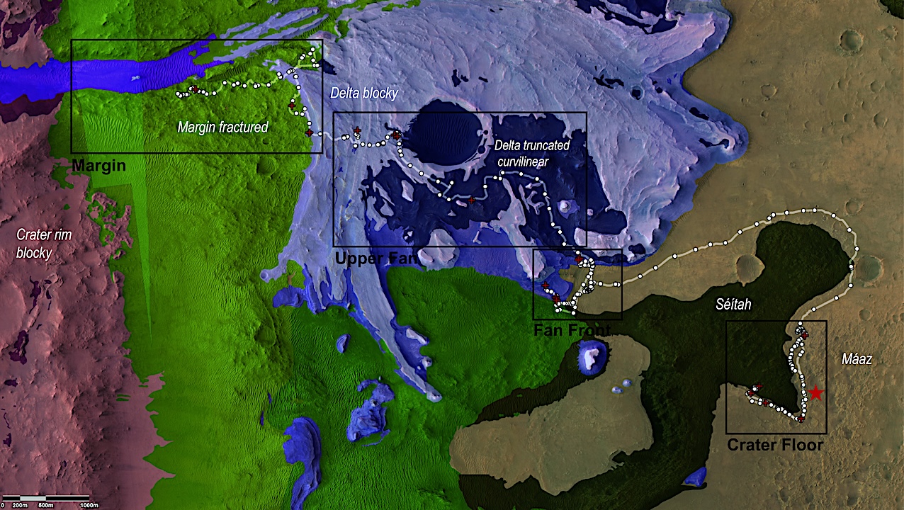 Map showing mission progress at the time of writing, superimposed on a geologic map of Jezero crater, after ref. 11. Rover traverse and waypoints shown with white line and dots, respectively; sampling locations shown with red crosses. Labeled black boxes show approximate extent of each campaign. Names of major units or formations encountered—or expected to be encountered—are labeled in white italics. Approximate location of images shown in Fig. 2 are denoted with a red star. -- PNAS via PubMed