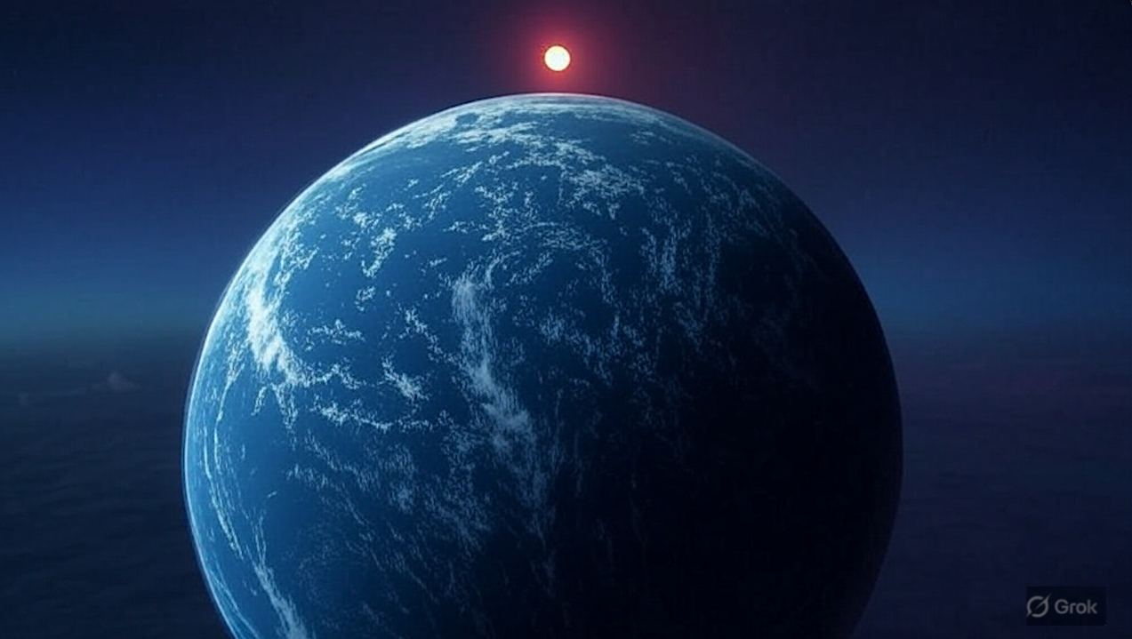 Water world orbiting a M Dwarf star -- Grok via Astrobiology.com
