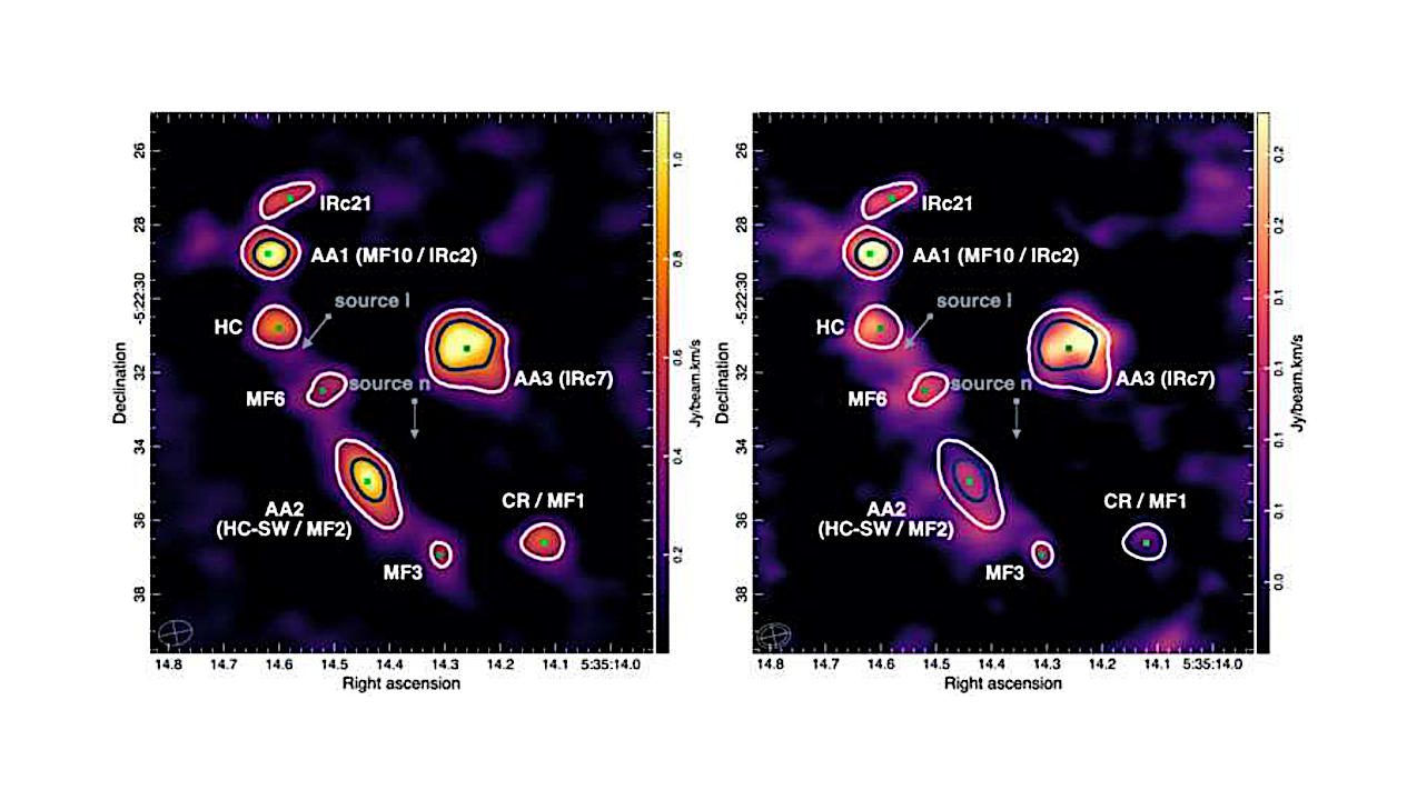 Acetaldehyde integrated intensity maps at Band 7 (left) and Band 4 (right). The synthesized beam is shown in the bottom left corner. The contour levels are (5,10) × sigma (σ=0.07 Jy/beam km/s) and the contour derived from the Band 7 data is overlaid on the Band 4 map for comparison. Green dots mark the AA peak positions determined from a 2-D Gaussian fitting of the map in the left panel. Velocity vectors representing the proper motion of source I and n are shown as gray arrows. -- astro-ph.GA