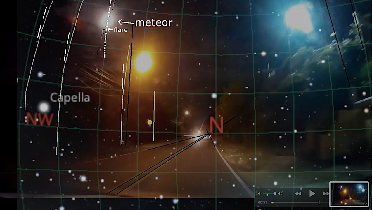 Example of alt-azimuth grid overlay on the Heredia dashboard camera video. Perspective lines on the road define the position of the horizon, and the orientation of a lamp post in different video frames (white lines left, slightly bend halfway up) and features on buildings (right) defines the rotation to normal. The flare elevation (assuming an altitude of 25.1 km) defines the scale. In this case, the camera's central azimuth changed over time and the meteor path in the central frame shown was adjusted using the meteor wake as guidance. -- astro-ph.EP
