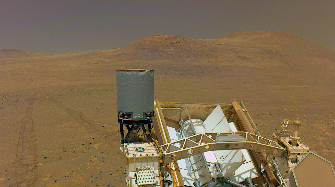 One of the navigation cameras on NASA’s Perseverance captured the rover’s tracks coming from an area called “Witch Hazel Hill,” on May 13, 2025, the 1,503rd Martian day, or sol, of the mission. Credit: NASA/JPL-Caltech