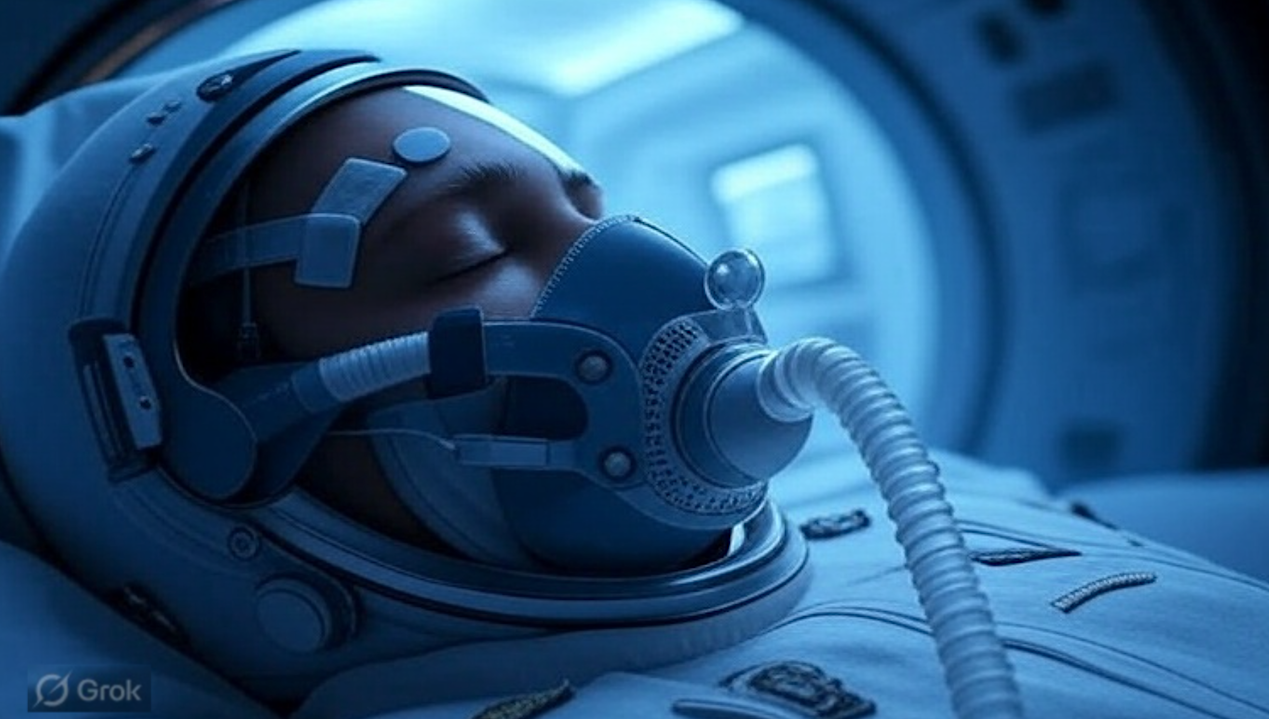 A human astronaut under some form of deep sleep or "suspended animation" -- Grok via Astrobiology.com