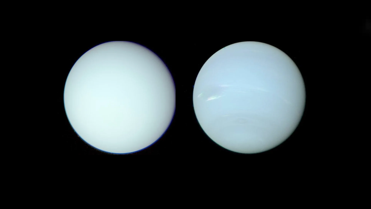 Reprocessed images of Uranus [L]] and Neptune [R] NASA/JPL-Caltech (Uranus and Neptune); “Modelling the Seasonal Cycle of Uranus’s Colour and Magnitude, and Comparison with Neptune,” by Patrick G. J. Irwin et al., in Monthly Notices of the Royal Astronomical Society, Vol. 527, No. 4; February 2024 (reprocessed images)