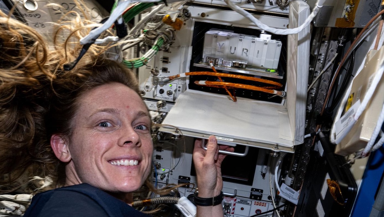 NASA astronaut Nichole Ayers shows off biotechnology research hardware NASA ID: iss073e0002615 iss073e0002615 (April 28, 2025) - larger image