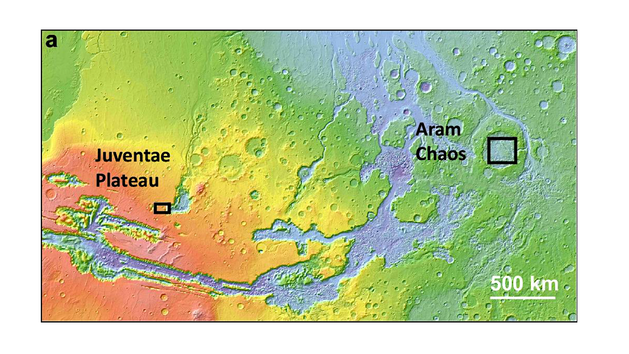 Mars Orbiter Laser Altimeter (MOLA) map of Valles Marineris region with higher elevations in red and lower elevations in yellow, green and then blue tones. — Nature via PubMed