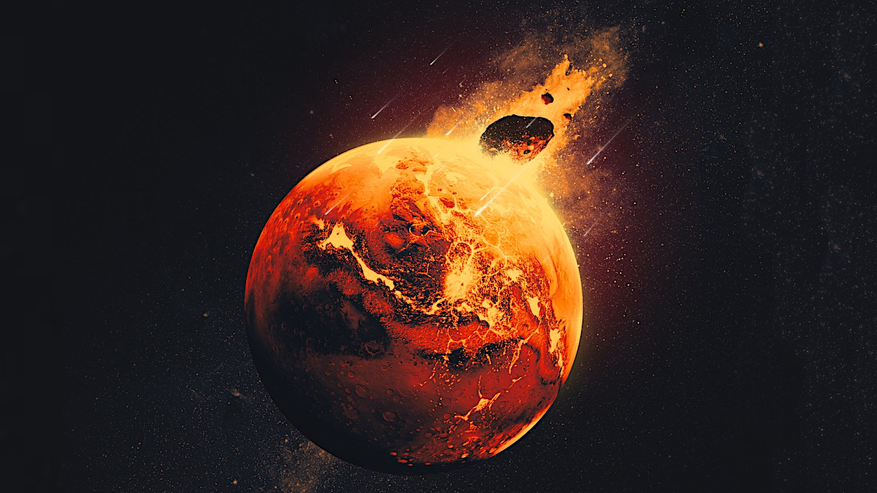 Scientists believe giant impacts — like the one depicted in this artist’s concept — occurred on Mars 4.5 billion years ago, injecting debris from the impact deep into the planet’s mantle. NASA’s InSight lander detected this debris before the mission’s end in 2022. Credit: NASA/JPL-Caltech