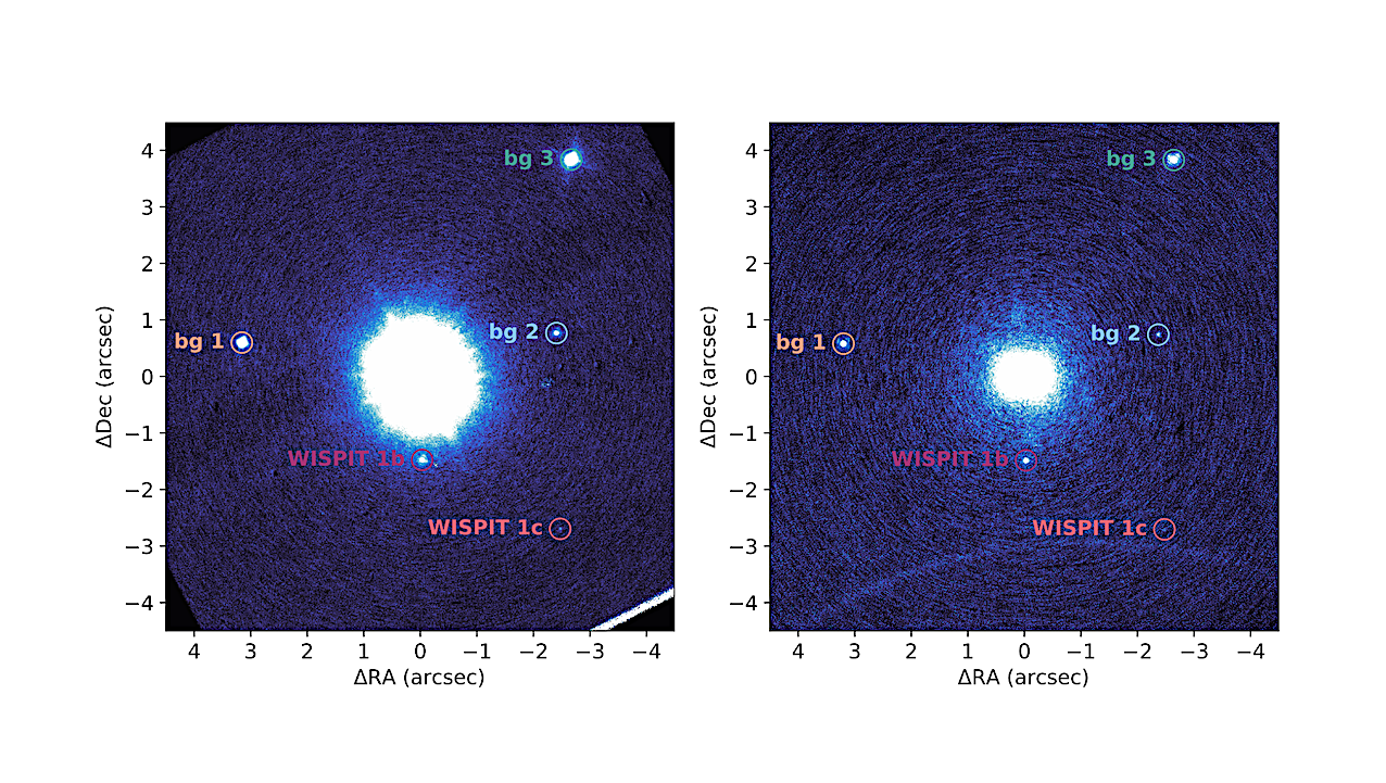 [LEFT] A.1: WISPIT 1b, 1c, and background sources highlighted in the H-band median-combined image of epoch 2022-11-19. [RIGHT] WISPIT 1b, 1c, and background sources highlighted in the Ks-band median-combined image of epoch 2024-11-30. -- astro-ph.EP