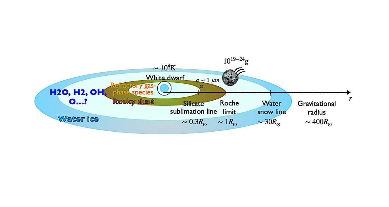Schematic showing the distribution of the modeled volatile gas (e.g., water vapor) disk and water ice disk around a WD. The rocky dust disk and their observationally inferred properties are also summarized. -- astro-ph.EP