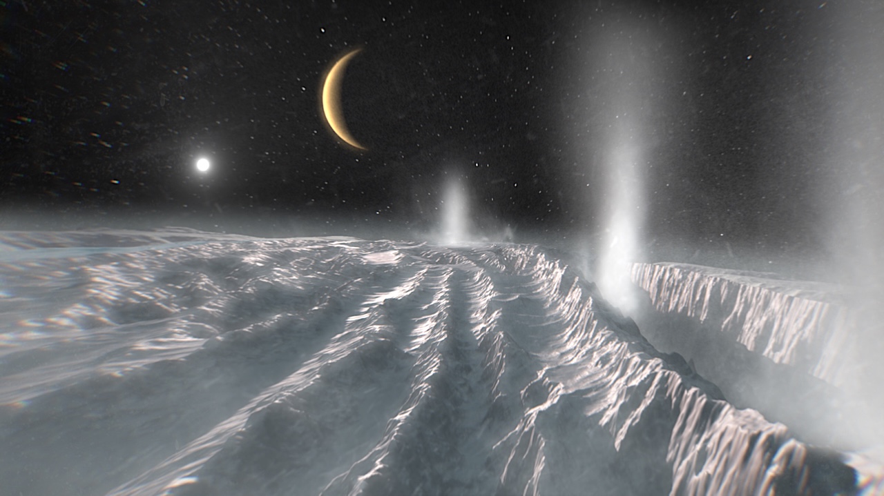 An artist’s impression of plumes erupting onto the surface of Enceladus. Its fellow moon Titan is seen in the sky, and the distant Sun beyond. Credit ESA/Science Office. Larger image