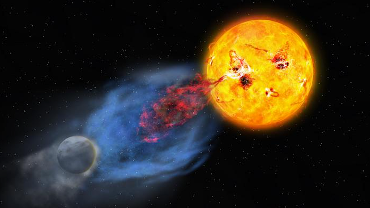 Artist's depiction of a coronal mass ejection from EK Draconis. The hotter and faster ejection is shown in blue, while the cooler and slower ejection is shown in red. Credit NAOJ