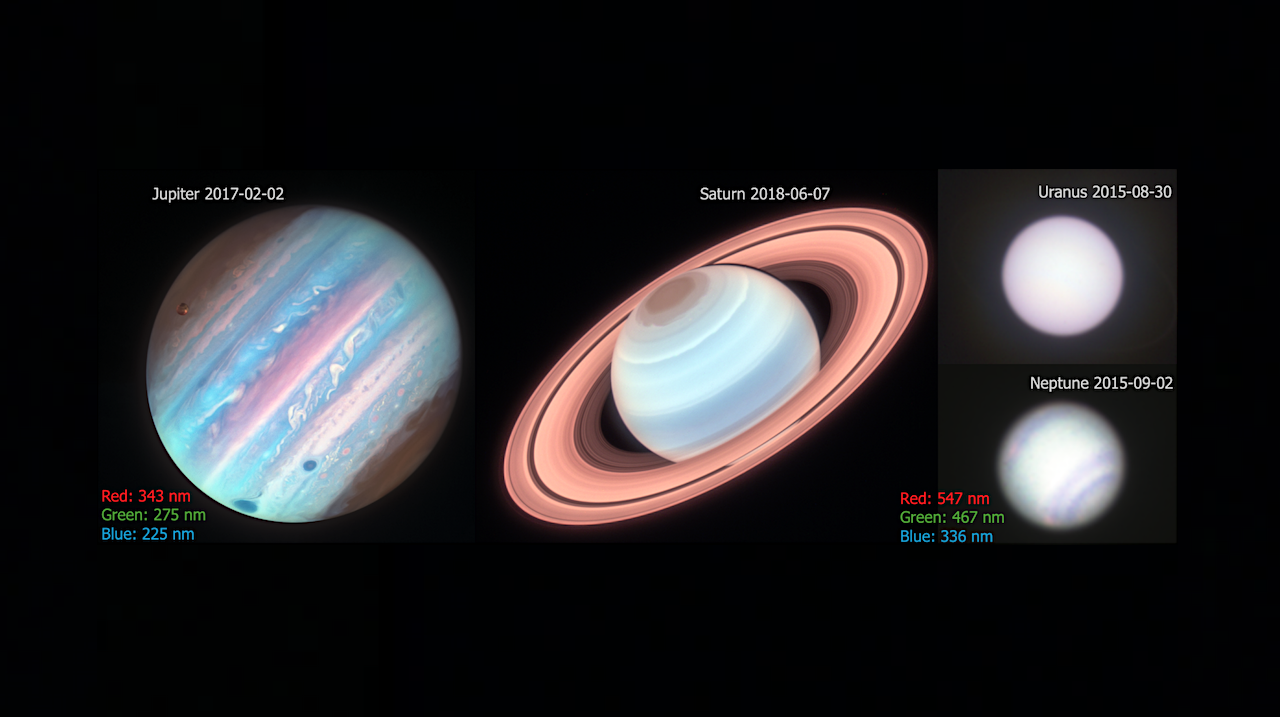 The four giant planets as seen by Hubble WFC3/UVIS at different near-UV wavelengths, and processed by Judy Schmidt (note - these images are not shown to scale). The Jupiter and Saturn images are constructed from F343N (red), F275W (green), and F225 (blue), whereas a lack of observations for Uranus and Neptune required us to shift to redder wavelengths: F547M (red), F467M (green), and F336W (blue) for the Ice Giants. Jupiter and Ganymede were observed 2017-02-02 at 12:16UT, Saturn was observed at 2018-06-07 at 00:06UT, Uranus on 2015-08-30 at 10:08UT, and Neptune on 2015-09-02 at 07:58UT. Strong UV absorption is visible at the poles of Jupiter and Saturn due to the nature of highaltitude aerosols and the potential link to auroral chemistry. Red vortices, such as Jupiter’s Great Red Spot and Oval BA (lower left), appear dark due to the blue-absorbing chromophore responsible for their red colours. Uranus’ bright north polar cap of aerosols, and its narrow rings, are just visible in this image. Neptune’s banding, and some bright high clouds (appearing in pink) can be seen in both northern and southern hemispheres. In addition, Saturn’s rings appear reddish due to UV absorption. Credit: NASA/ESA/CSA/Hubble/Judy Schmidt.