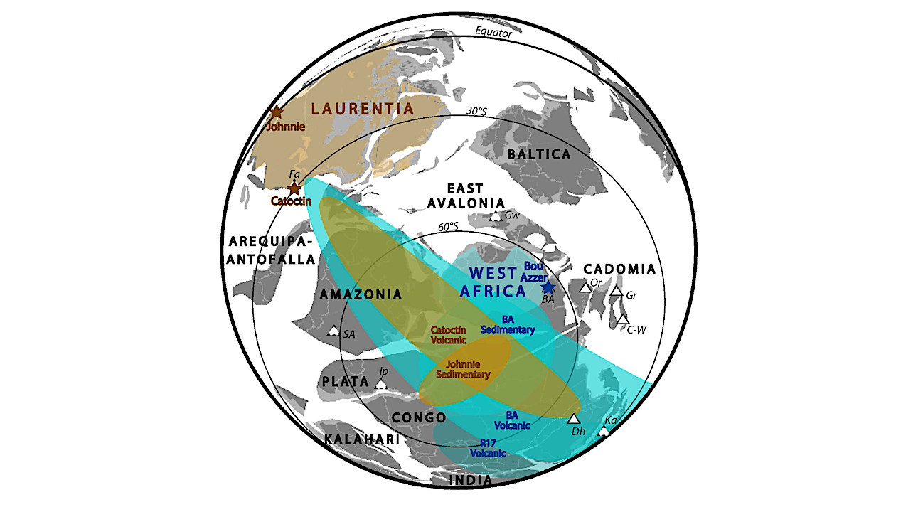 Plate reconstruction of West African Craton (blue) and Laurentia (orange) according to Kent statistical treatment of sedimentary data and Bingham statistical treatment of coeval volcanic data.-- Science