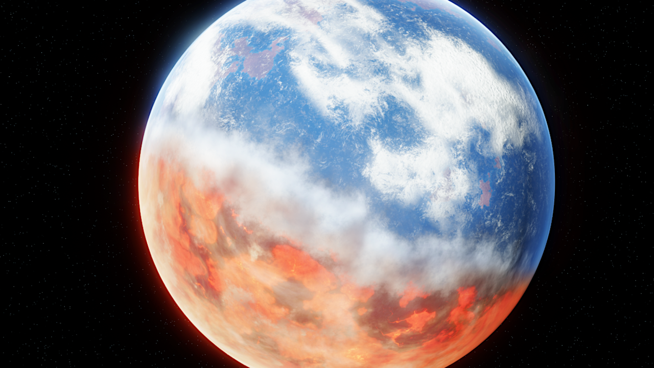 An image depicting the transformation of a sub-Neptune exoplanet from a hydrogen-rich world into a water world. Image courtesy of Dan Shim/ASU