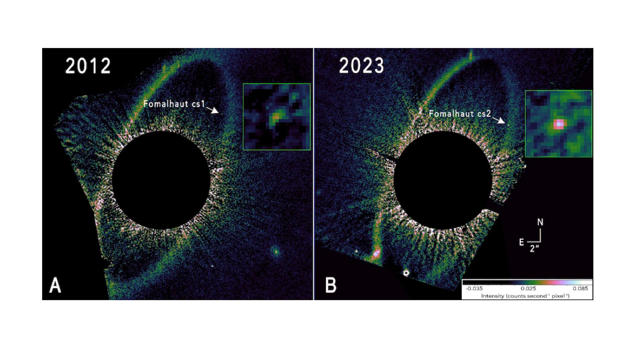 Optical images of the Fomalhaut system in 2012 and 2023. Both panels are white light HST/STIS images.