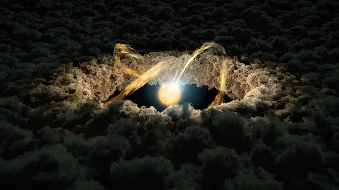 This illustration shows a star surrounded by a protoplanetary disk. A new study uses data from NASA's Spitzer Space Telescope and four ground-based telescopes to determine the distance from a star to the inner rim of its surrounding protoplanetary disk. Researchers used a method called "photo-reverberation," also known as "light echoes.-- NASA (source)