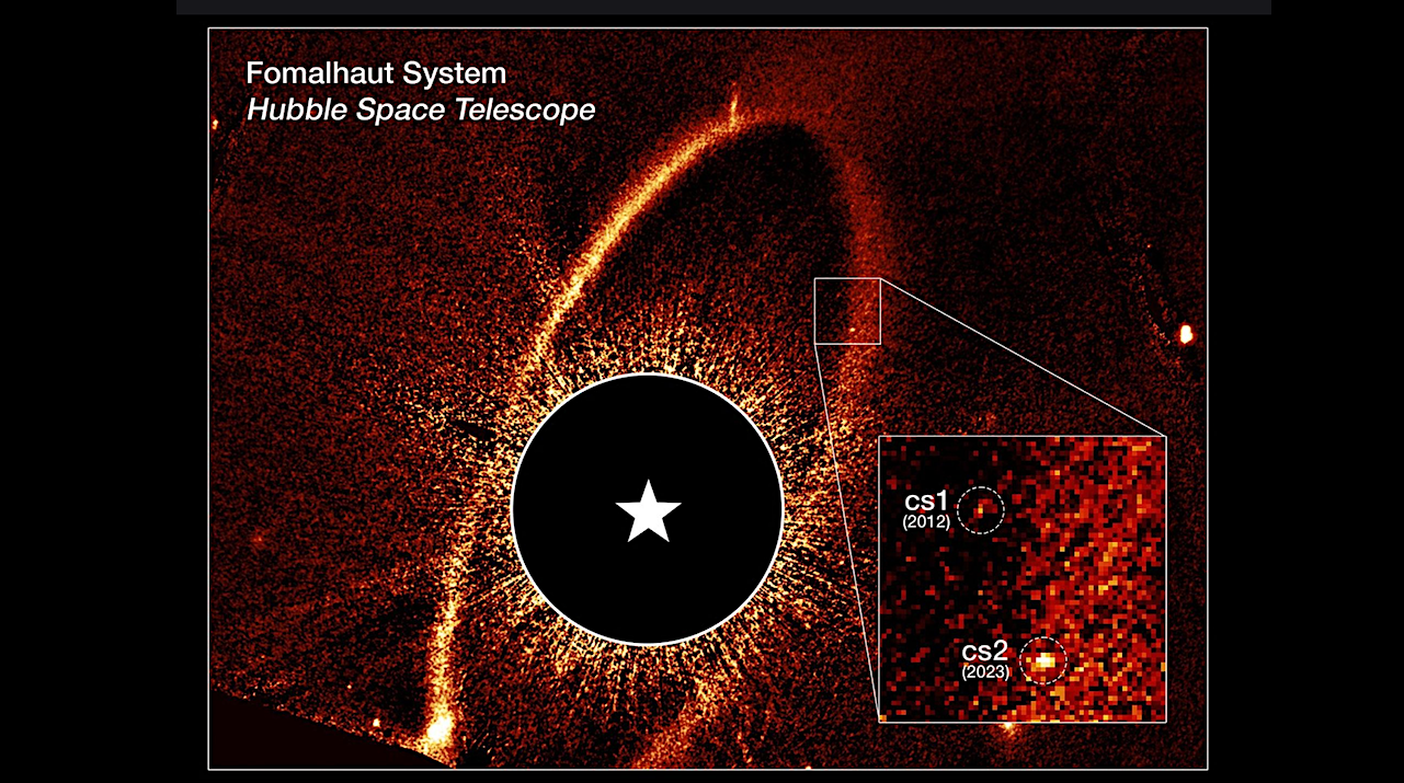 This composite Hubble Space Telescope image shows the debris ring and dust clouds cs1 and cs2 around the star Fomalhaut. Fomalhaut itself is masked out to allow the fainter features to be seen. Its location is marked by the white star. Image: NASA, ESA, Paul Kalas (UC Berkeley); Image Processing: Joseph DePasquale (STScI)