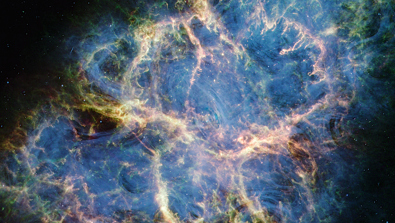 This image by NASA’s James Webb Space Telescope’s NIRCam (Near-Infrared Camera) and MIRI (Mid-Infrared Instrument) shows different structural details of the Crab Nebula. Credits: NASA, ESA, CSA, STScI, Tea Temim (Princeton University) larger image