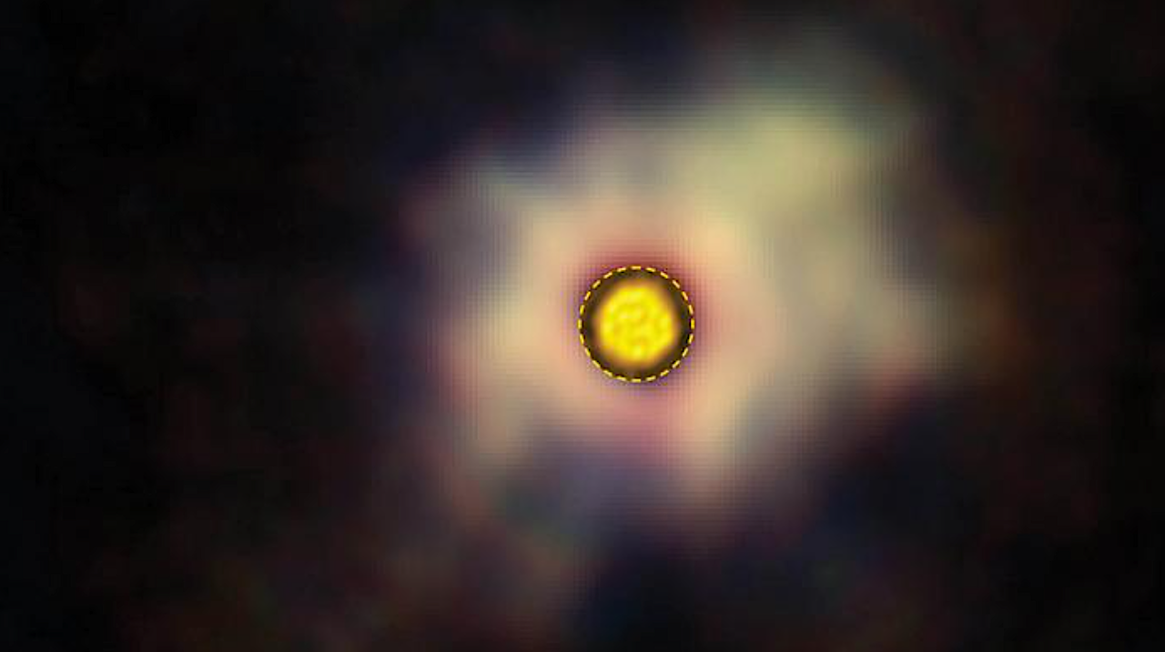 Dust clouds reflect starlight around the star R Doradus. As it nears the end of its life, the star is shedding its outer layers, forming clouds of gas and dust around it (shown here in pink and yellow). Scientists have long believed that starlight illuminating these clouds could power a stellar wind. But the colour of the light around the star reflected by dust, , shows that the dust grains are too small to explain the star’s wind. The image was taken in polarised visible light with VLT/SPHERE. In the centre in yellow and orange, we see ALMA’s image showing the surface of the star. Credit ESO/T. Schirmer/T. Khouri; ALMA (ESO/NAOJ/NRAO)