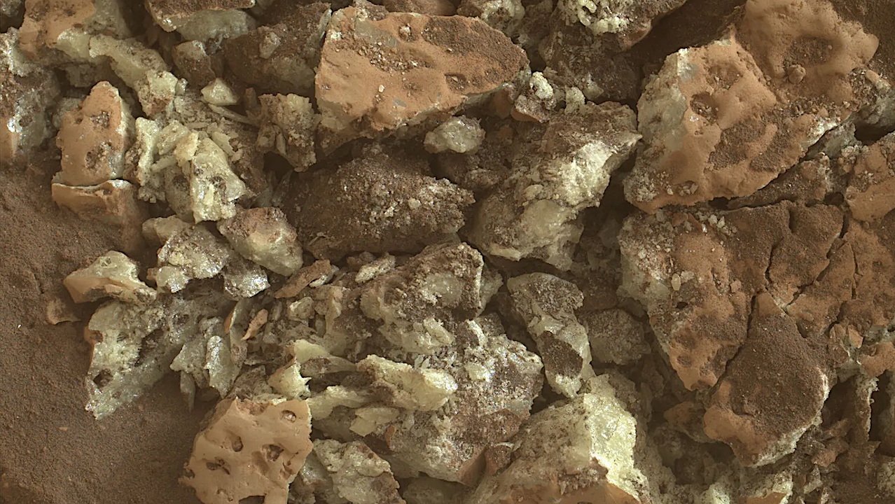 These sulfur crystals were found inside a rock after NASA’s Curiosity Mars rover happened to drive over it and crush it on May 30, 2024, the 4,200th Martian day, or sol, of the mission.