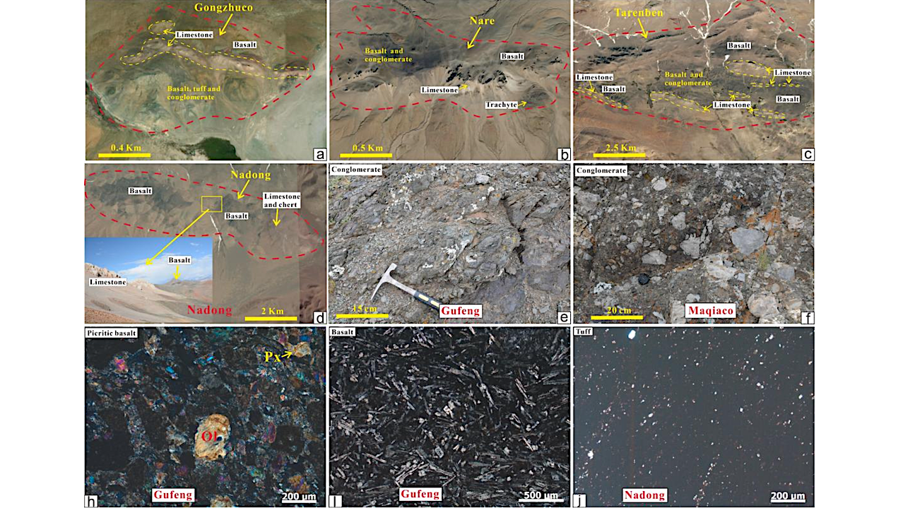 (a) Remote sensing satellite image of Gongzhuco; (b) Remote sensing satellite image of Nare; (c) Remote sensing satellite image of Tarenben; (d) Remote sensing satellite and field photograph (inset) of Nadong; (e) Conglomerate from Gufeng; (f) Conglomerate from Maqiaco; (g) Picritic basalt from Gufeng; (h) Basalt from Gufeng; (i) Tuff from Nadong. Ol, olivine; Px, pyroxene. -- Geology
