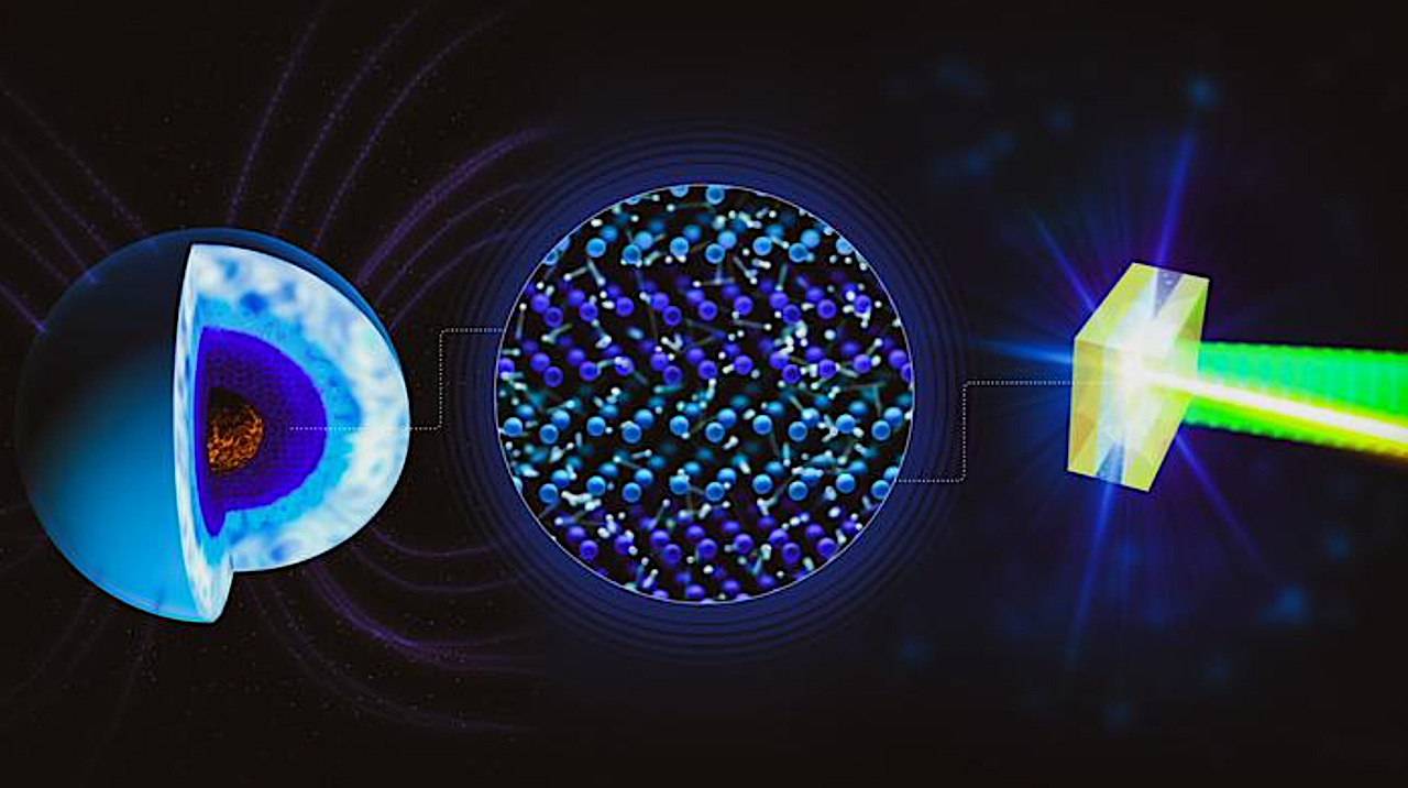 Schematic representation of the microscopic structure of superionic water, in which the oxygen atoms form a solid crystal lattice, while hydrogen ions are virtually free to move within it. With the aid of powerful lasers, this extreme state, which otherwise only occurs inside large planets, could be measured experimentally. (Image: Greg Stewart / SLAC National Accelerator Laboratory)