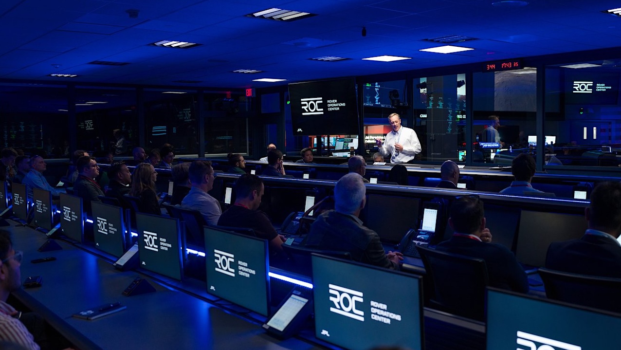 Michael Thelen of JPL’s Exploration Systems Office discusses the newly inaugurated Rover Operations Center in JPL’s historic Space Flight Operations Facility on Dec. 10. Credit: NASA/JPL-Caltech