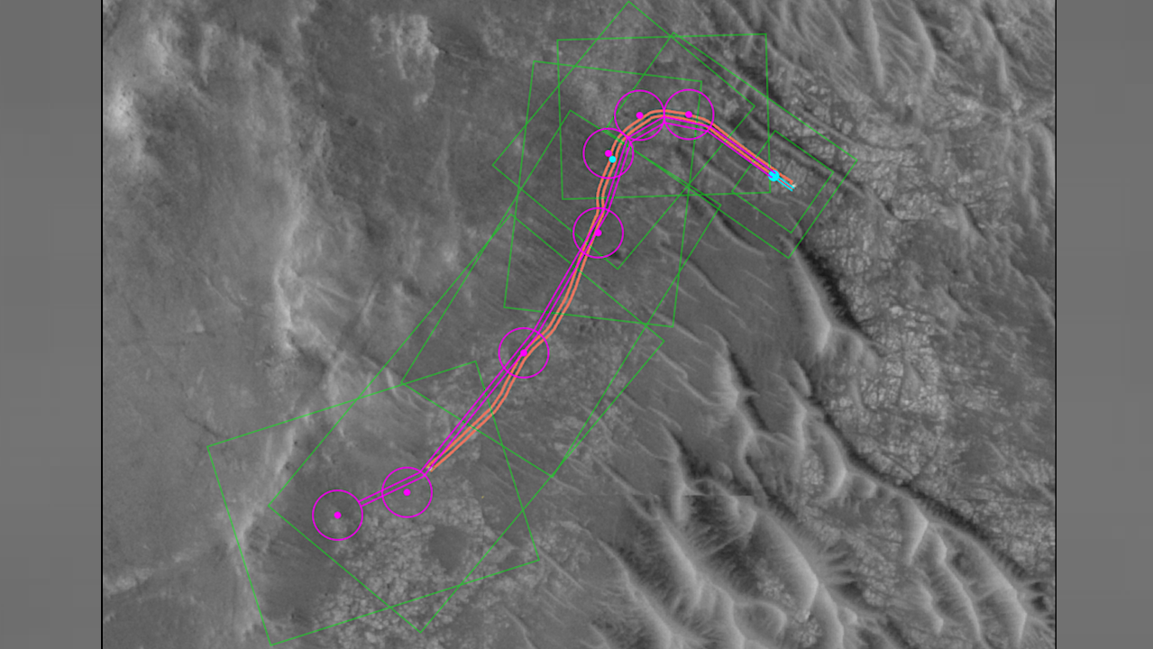 This annotated orbital image depicts the AI-planned (depicted in magenta) and actual (orange) routes the Perseverance Mars rover took during its Dec. 10, 2025, drive at Jezero Crater. The drive was the second of two demonstrations showing that generative AI could be incorporated into rover route planning. Credit: NASA/JPL-Caltech/UofA