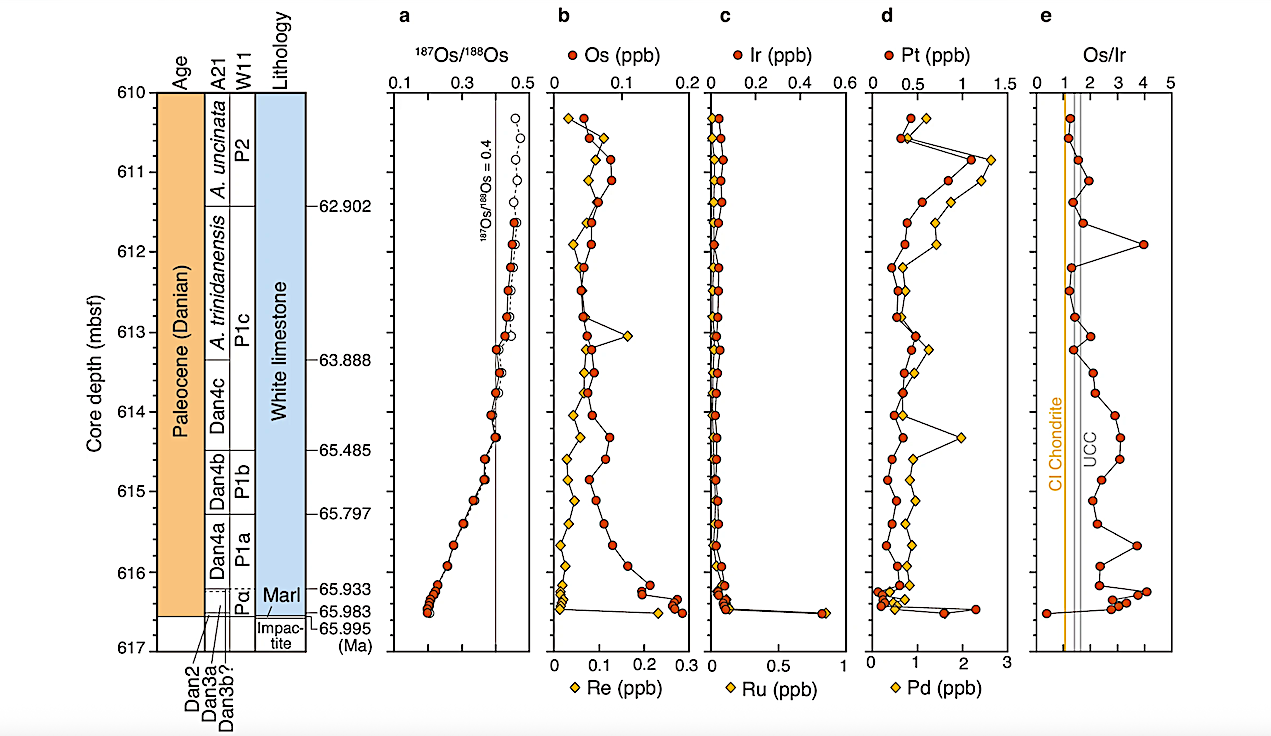 a 187Os/188Os ratios represent age-corrected (red circle) and measured (white circle) isotope ratios. bOs and Re concentrations. cIr and Ru concentrations. d Pt and Pd concentrations. e Os/Ir ratios. Planktic foraminiferal zonations A21 and W11 are from ref. 29 and ref. 31, respectively. Os/Ir ratios for CI chondrite and upper continental crust (UCC) are from refs. -- University of Texas Austin