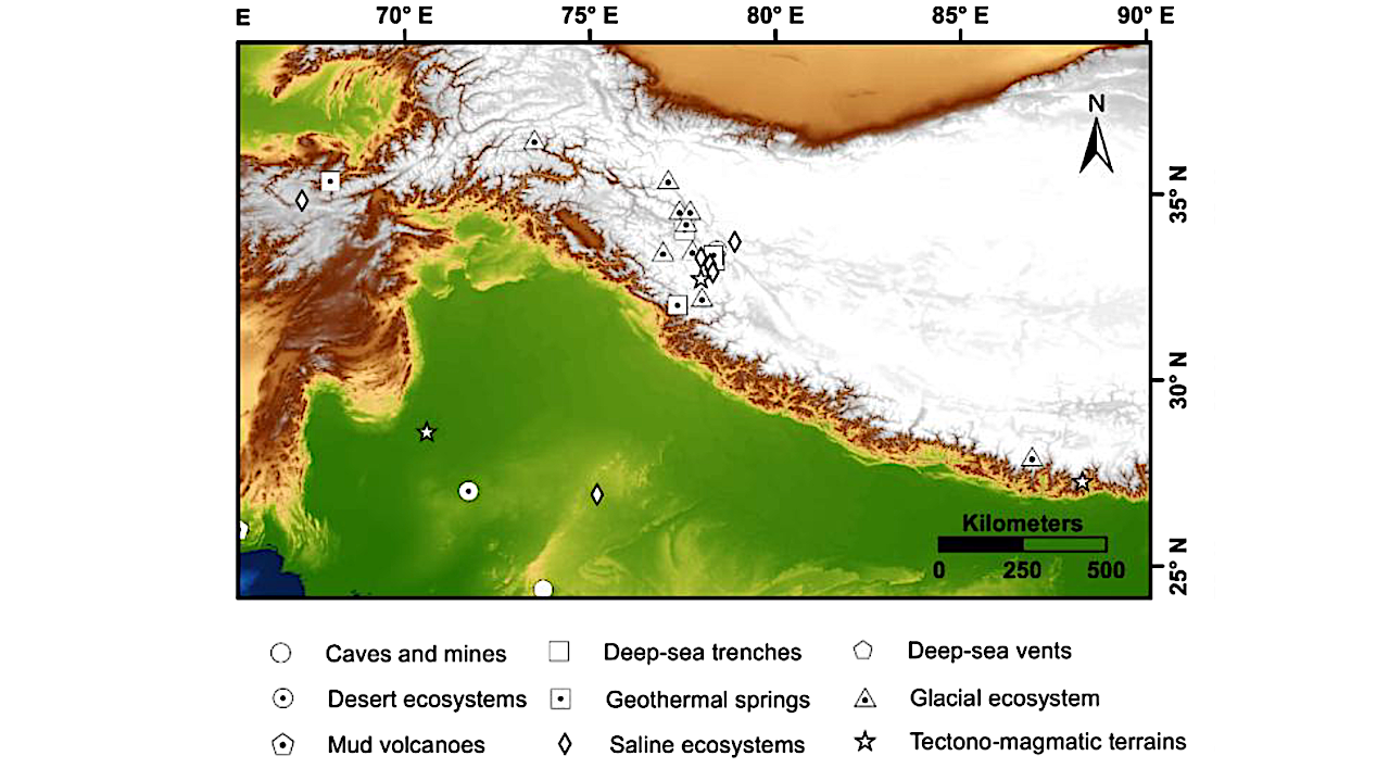 Geographic distribution of extreme environments, that can serve as planetary analogues, overlaid on a hypsometric map of the Indian subcontinent and adjoining Indian Ocean. -- Frontiers via eartharxiv.org