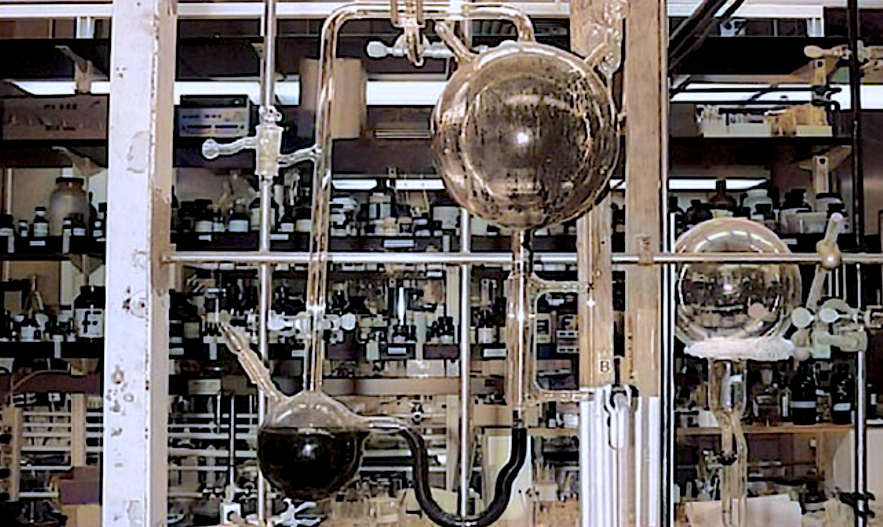 The Miller-Urey experiment that was used to demonstrate the synthesis of biologically relevant molecules in a hypothetical primitive reducing atmosphere. — UCSD
