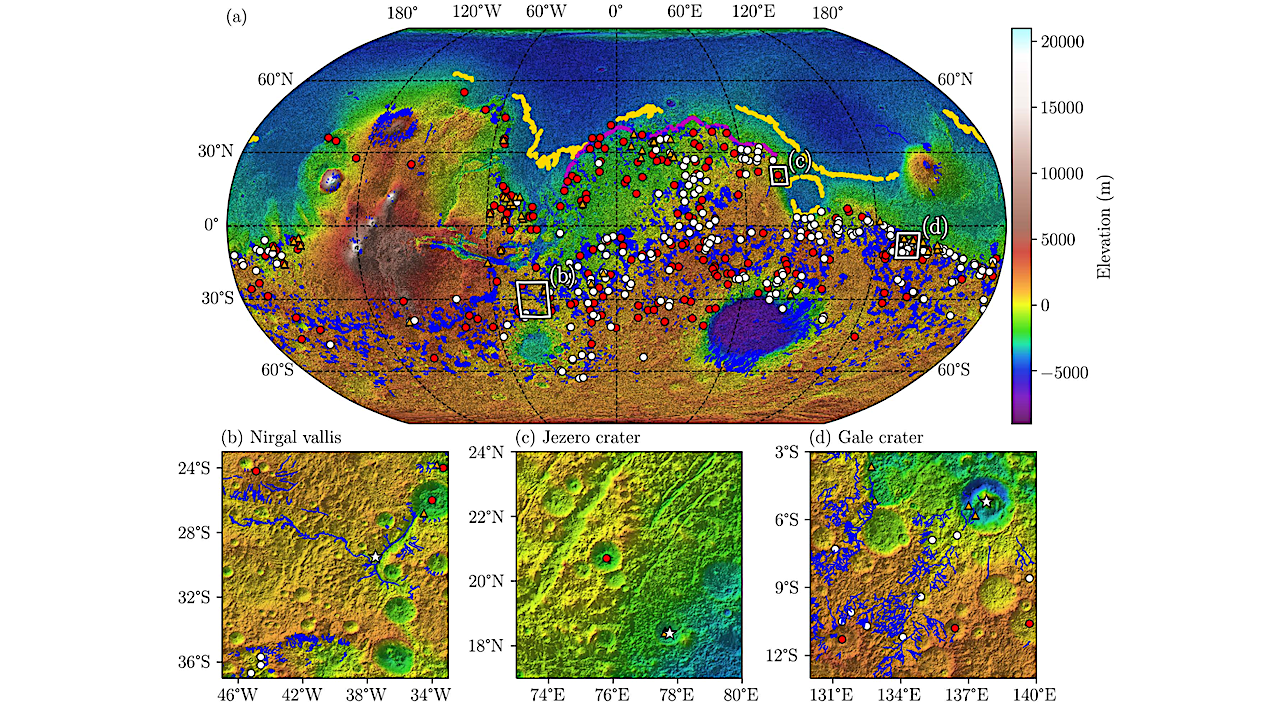 Mars topographic map showing the inventory of observed data relating to water flow effects.
