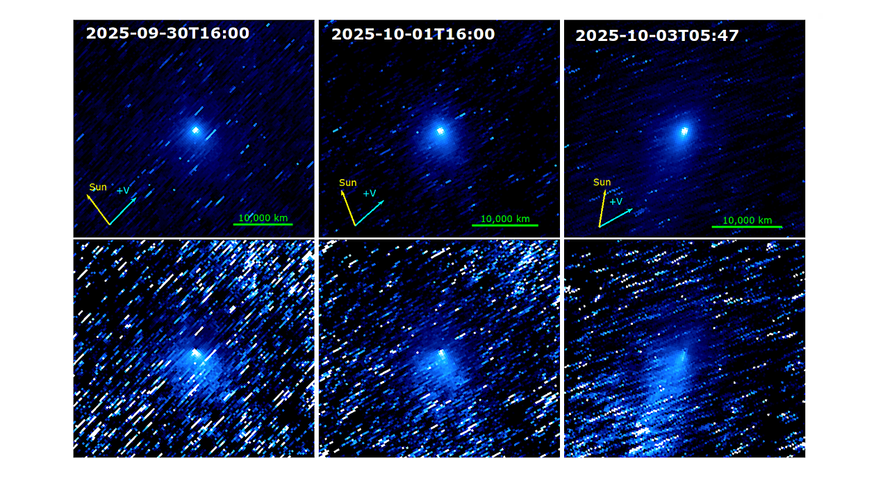 Stacked images of 3I/ATLAS acquired by HiRIC CMOS camera onboard Tianwen-1 spacecraft (upper row) and the corresponding 1/ρ divided images (lower row) from the three epochs. All images are displayed north up and east to the left. The stacked images are displayed with logarithmic brightness stretch, and the enhanced images are displayed with a linear brightness stretch. The arrows in the upper panels mark the projected directions of the Sun and the heliocentric velocity vector. The scalebars are 10,000 km. The bright star trails are visible in each stack due to the apparent movement of 3I in the sky background during each 30-second observation epoch. -- astro-ph.EP