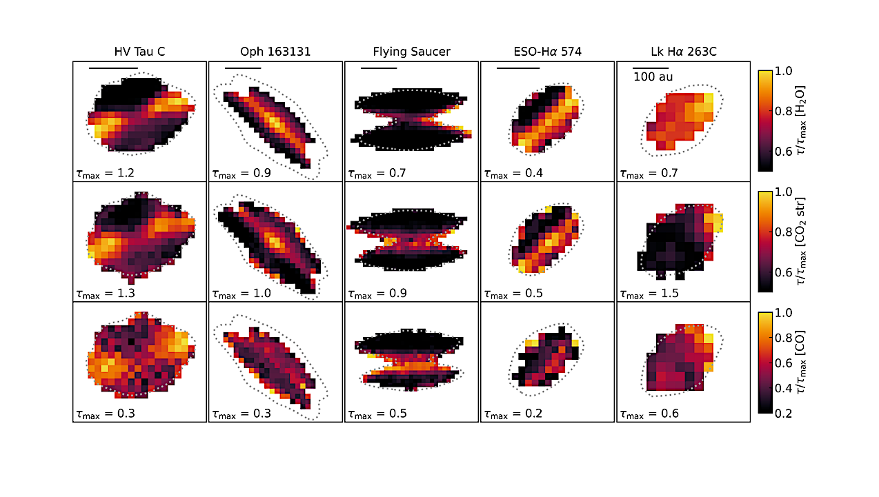 Optical depth maps of the near-IR H2O, CO2, and CO ice features in the disk sample, calculated for pixels with a >3σ detection across the ice band. For clarity, the color map within each panel is individually normalized (i.e., divided by the maximum per-pixel optical depth for a given ice band in a given disk). The maximum optical depths are indicated in the bottom left of each panel. Dotted grey lines represent the 3σ contour of the near-IR continuum maps shown in Figure 1. Horizontal bars represent a linear scale of 100 au. -- astro-ph.EP