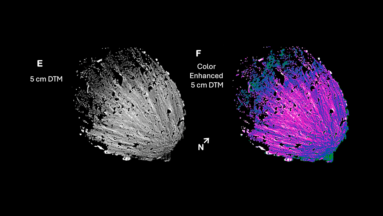 [Top] The boulder-covered moon Dimorphos as seen 8.55 seconds before the impact of the DART space craft. [Bottom] The same image after correcting for lighting conditions across the surface and shadows cast by boulders, revealing a fan-shaped pattern of streaks (highlighted in color for emphasis). Credit: NASA/JHU-APL/UMD.