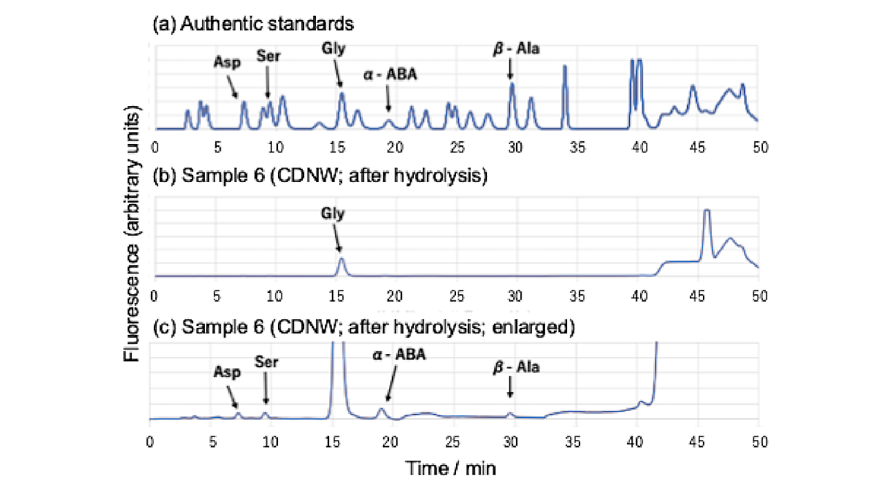 The figure shows the HPLC Chromatograms of Amino Acids produced in the Sample B5 irradiation run. -- astro-ph.EP