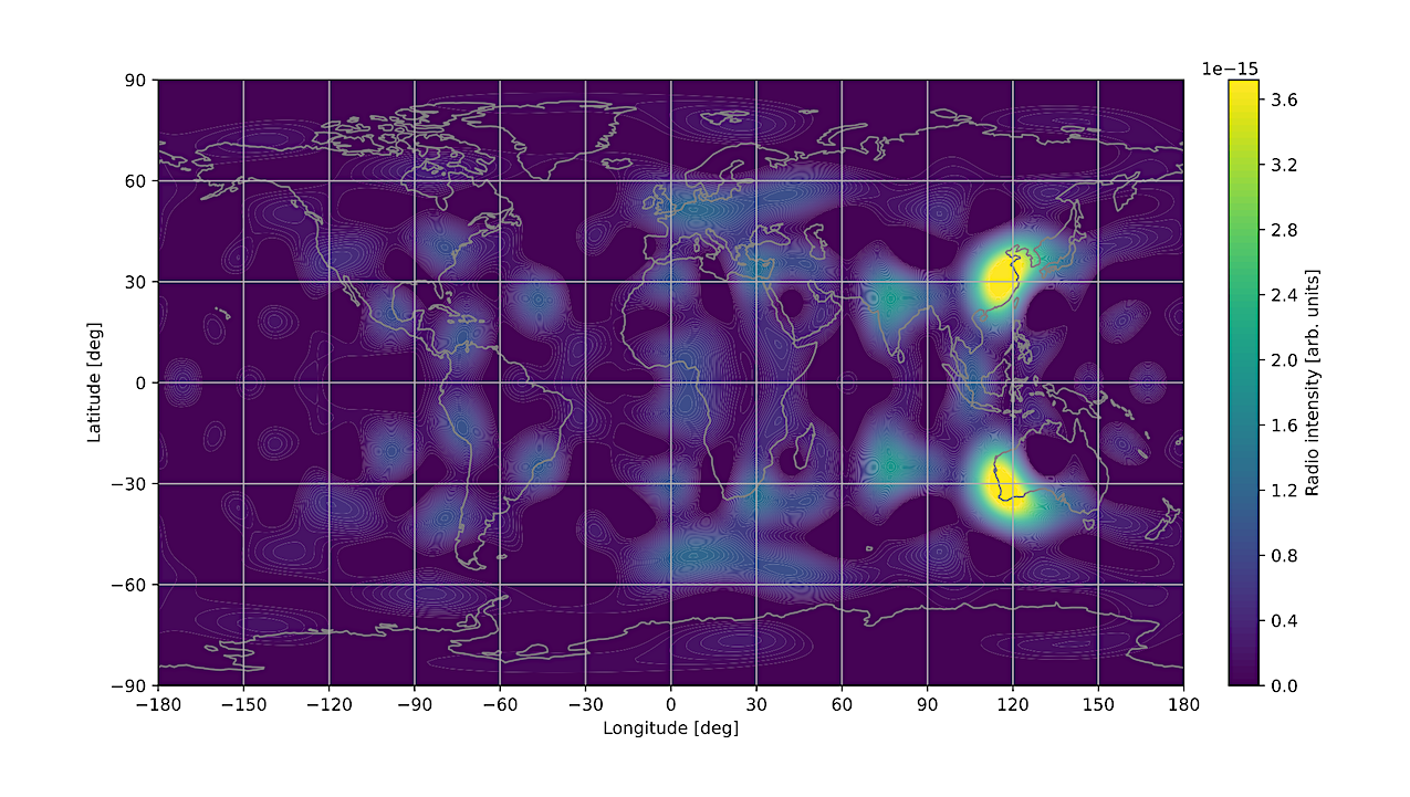 Reconstructed distribution of radio sources on Earth with noise (SNR of 5)