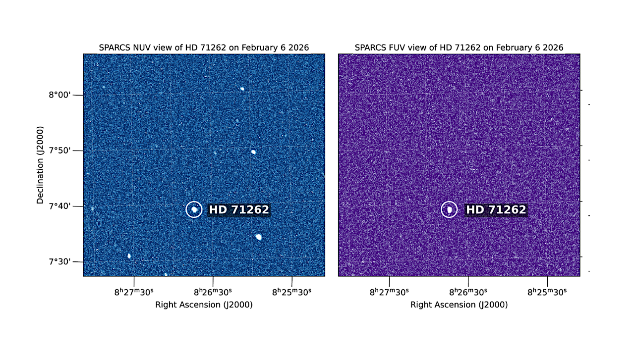 This pair of images shows stars observed Feb. 6, 2026, by the SPARCS space telescope simultaneously in the near-ultraviolet, left, and far-ultraviolet, right. The fact that one star is seen in the far-UV while multiple are seen in near-UV offers insights into the temperatures of these stars, with the one visible in both colors being the hottest. Credit: NASA/JPL-Caltech/ASU