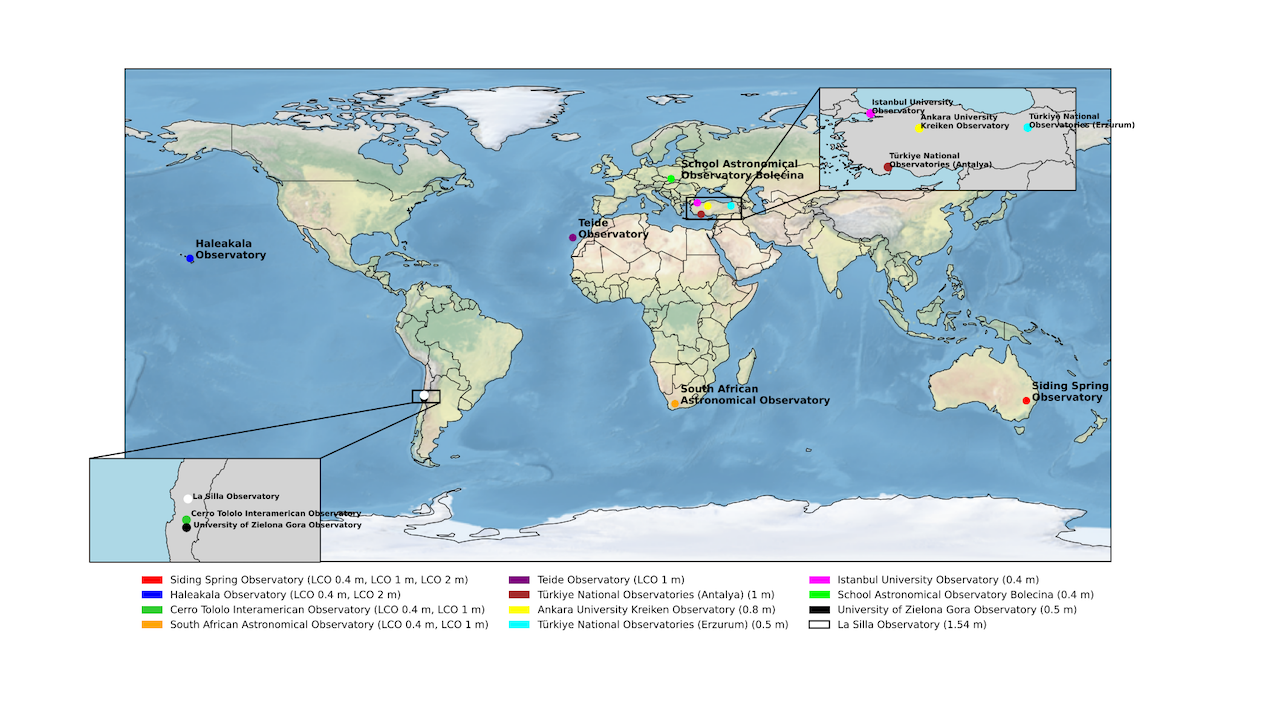 Geographic locations of the observatories from which photometric data were obtained. Colors correspond to observatory names and telescope apertures given in the legend. Insets indicate regions with clustered sites. -- astro-ph.EP