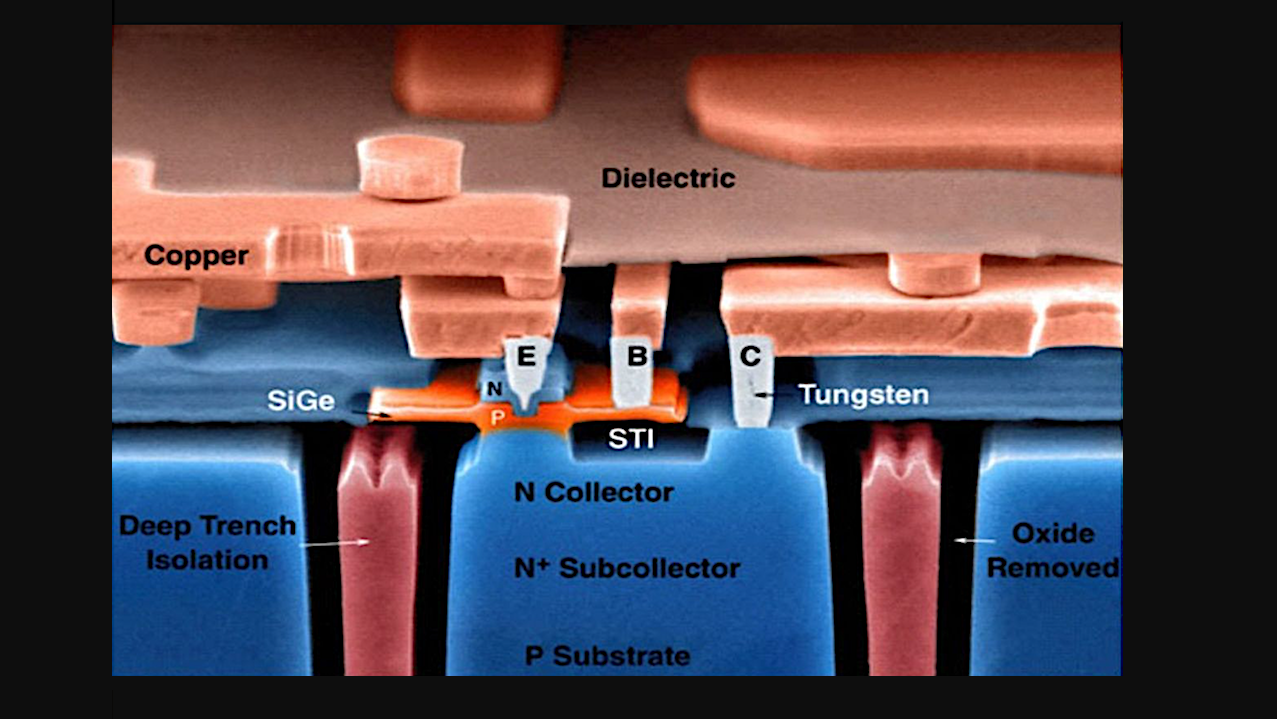 A Scanning Electron Microscope (SEM) micrograph of a SiGe transistor for use on ocean worlds. This SiGe IC is built from large numbers of micron-sized (10^-6 m) SiGe transistors to enable electronic functionalities such as communications, sensing, and control. The entire SiGe IC is 5x5 mm^2 and the X-band (8-12 GHz) SiGe RF communications link is shown in the lower right. Image credit: John D. Cressler, Georgia Tech