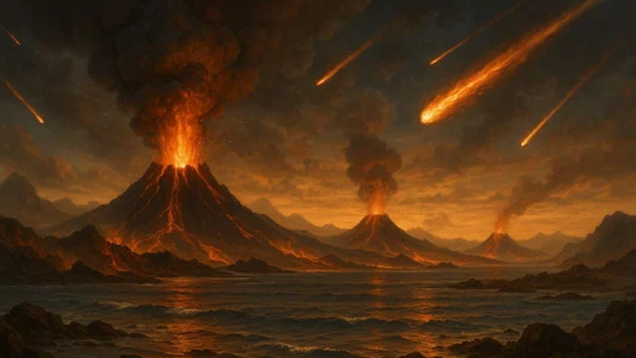Artistic representation of late Hadean Earth ≈4 Ga ago, created with the AI software “Sora”. -- Life