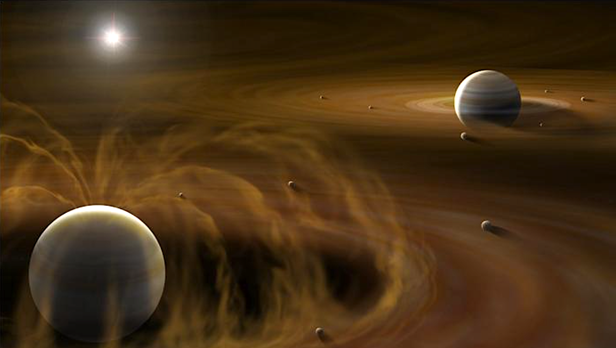 Artist’s impression of the simulations conducted in this research. Jupiter (lower left) has a strong magnetic field which creates a cavity in its circumplanetary disk. Saturn (upper right) lacks a strong magnetic field so its circumplanetary disk evolves without a cavity. Credit: Yuri I. Fujii/L-INSIGHT [Kyoto University], Illustrator: Shinichiro Kinoshita
